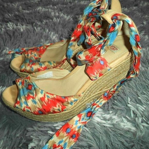 UGG OPEN TOE SANDALS ANKLE TIE WEDGES STRAPPY WRAP LUCIANNA HEELS~WOMENS SIZE 8 - Picture 6 of 9